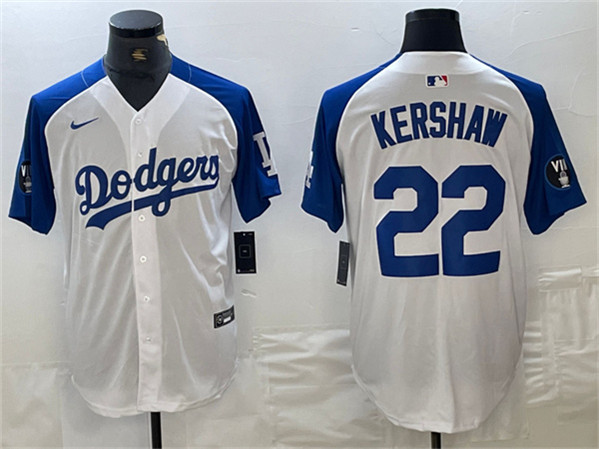 Los Angeles Dodgers #22 Clayton Kershaw White Blue Vin Patch Cool Base Stitched Jersey - Click Image to Close